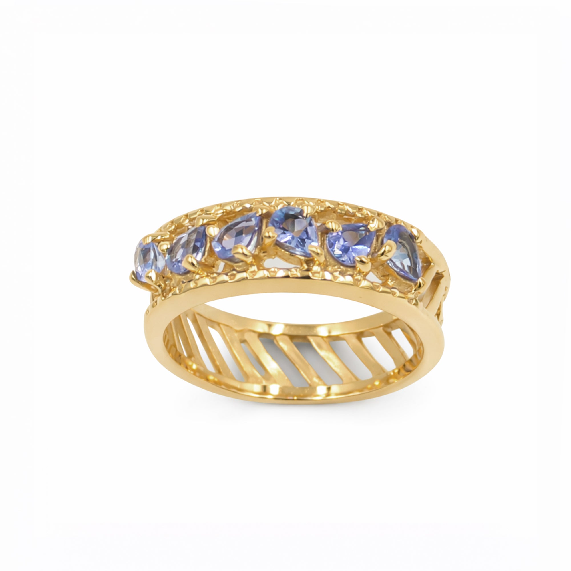 Tanzanite Five Pear Stone Ring in 925 Sterling Silver Straight Style Designer Band