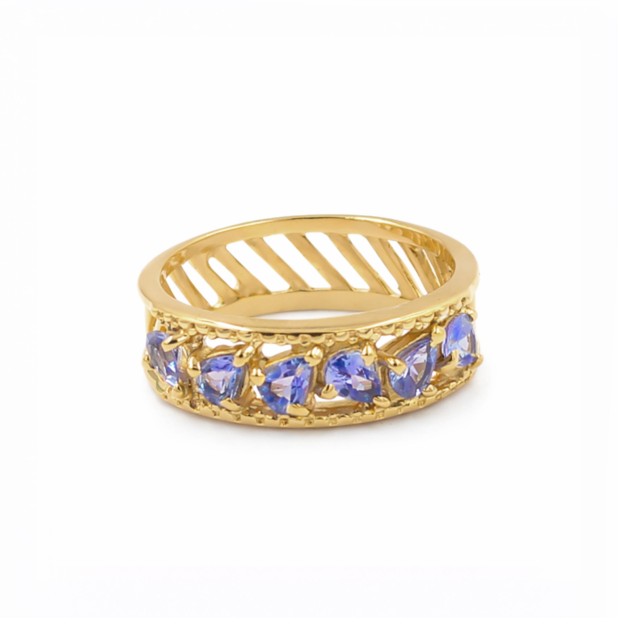 Tanzanite Five Pear Stone Ring in 925 Sterling Silver Straight Style Designer Band