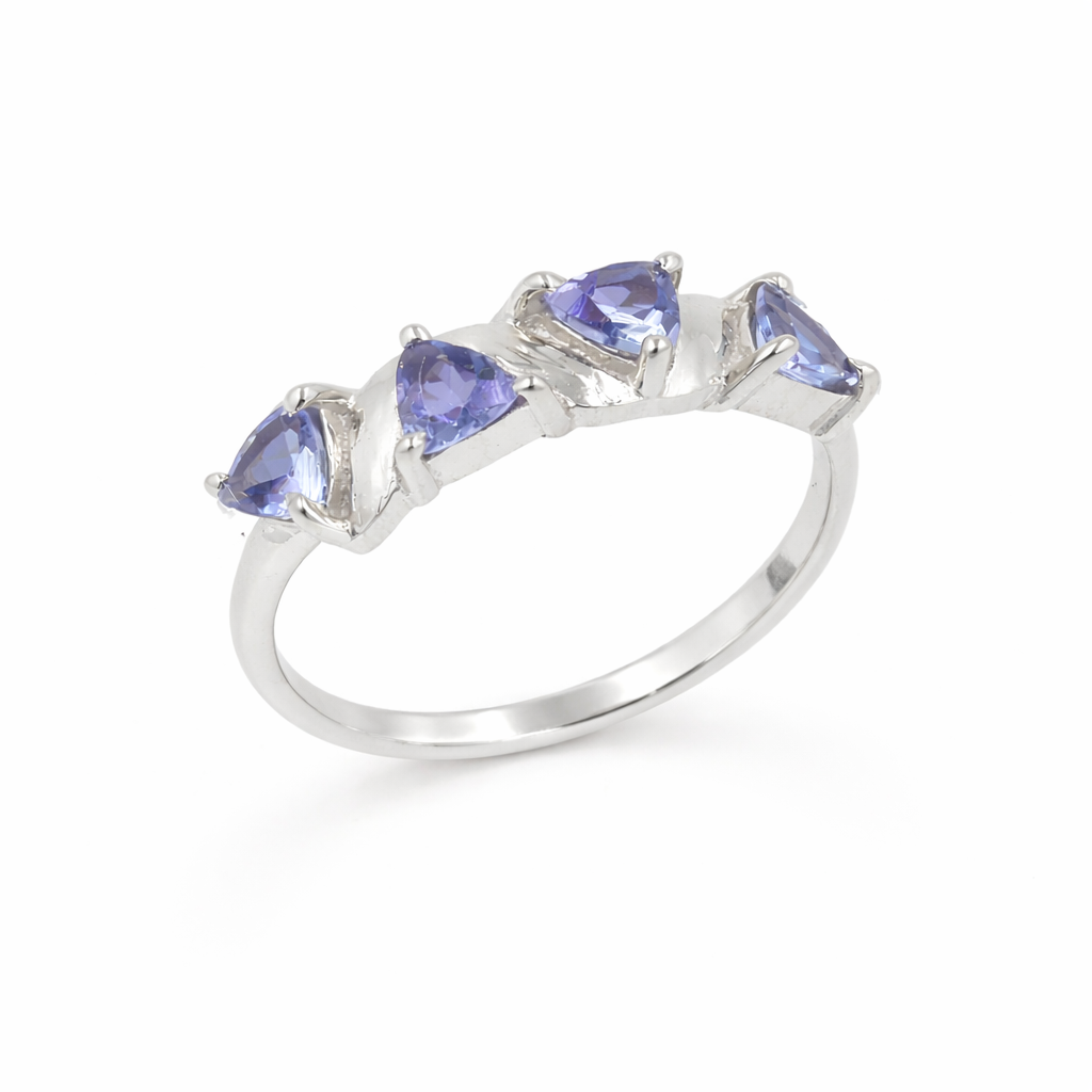 Blue Quad Trillion Tanzanite Ring in 925 Sterling Silver Abstract Designer Statement Ring
