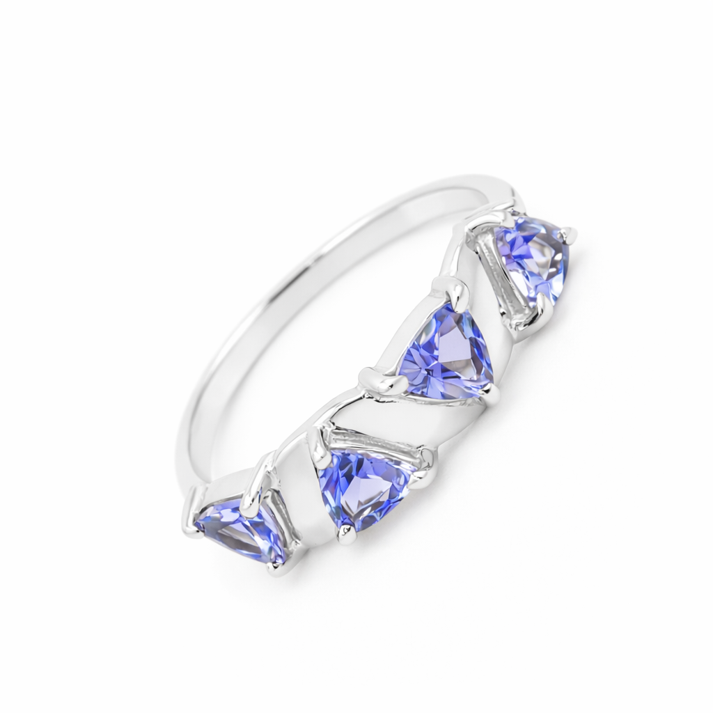 Blue Quad Trillion Tanzanite Ring in 925 Sterling Silver Abstract Designer Statement Ring