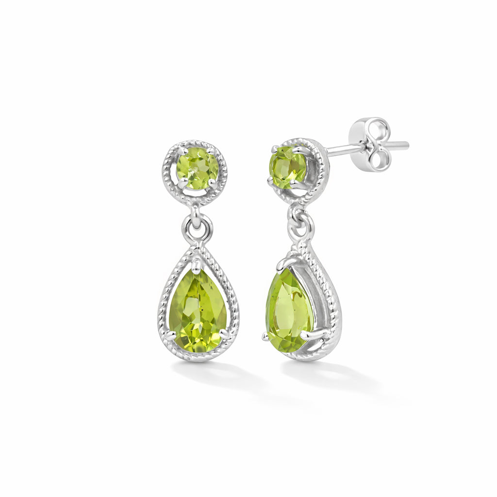 Peridot Link Drop Earrings Round and Pear Design in 925 Silver