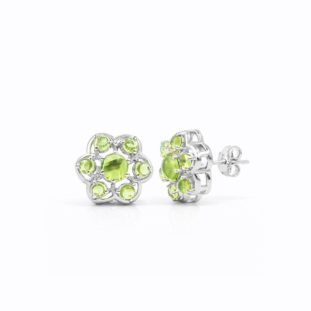 Peridot Cabochon Flower Stud Earrings in 925 Silver