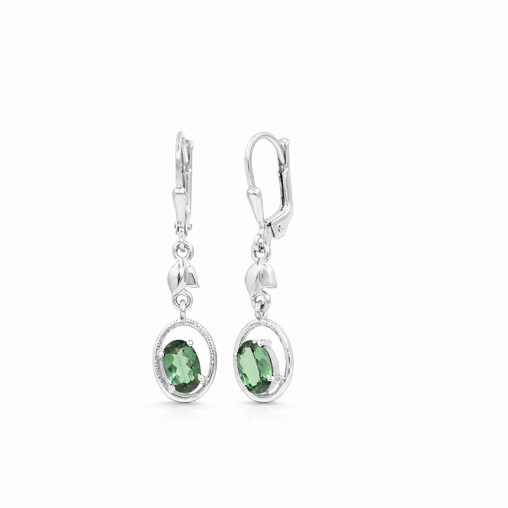 Oval Green Tourmaline Leaf Charm Lever back Earrings in 925 Silver