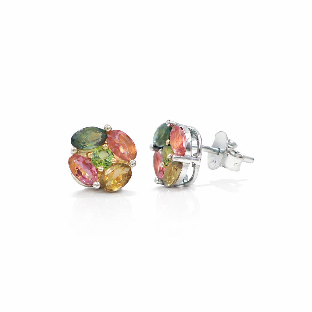 Retro Multi Tourmaline Stud Earrings in 925 Silver