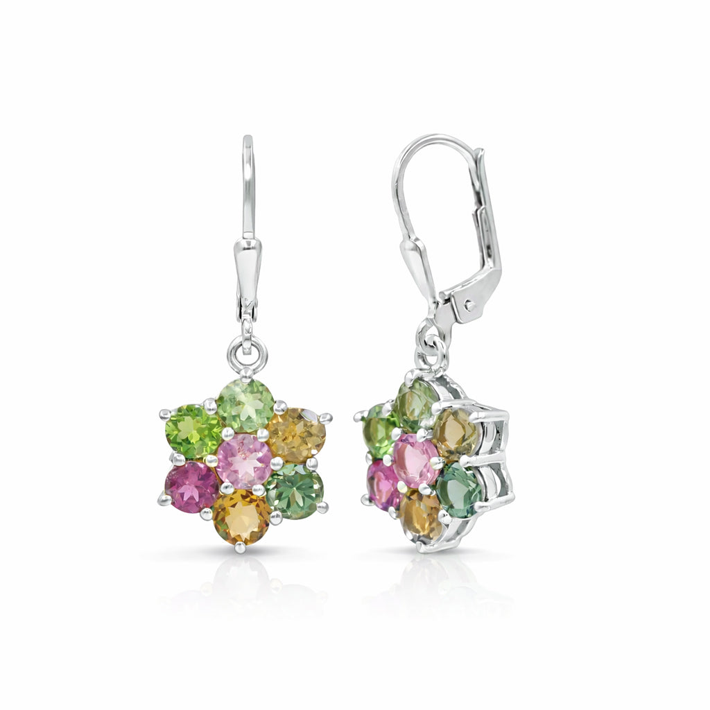 Multi Tourmaline Crocus Flower Drop Earrings with Lever back Lock in 925 Silver
