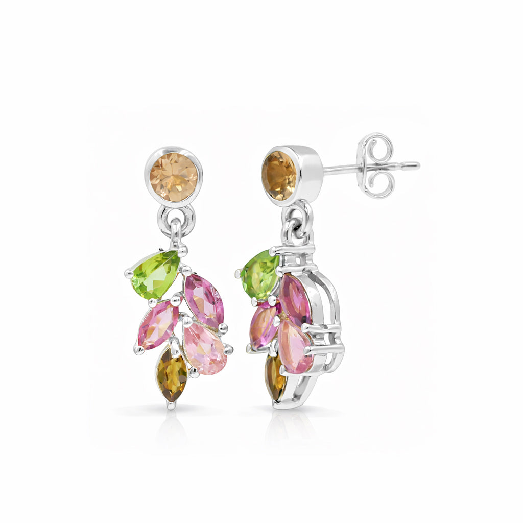 Multi Tourmaline Leaf Design Earrings in 925 Silver