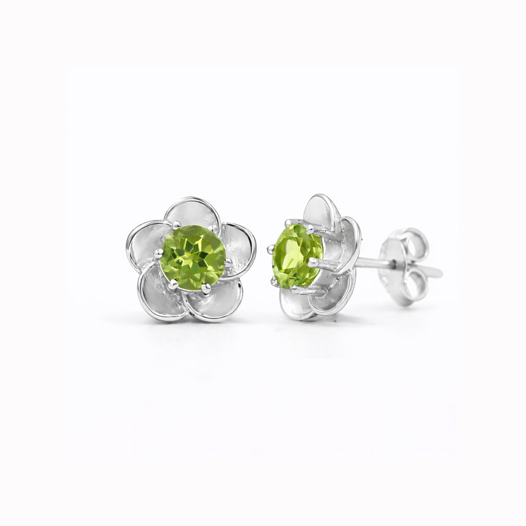Peridot Flower Stud Earrings Floral Petal Design in 925 Silver