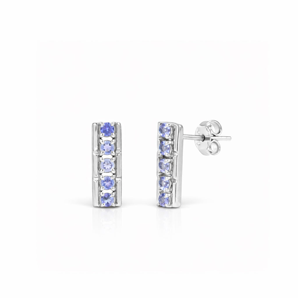 Tanzanite Bar Stud Earrings 10 Stone Design in 925 Silver