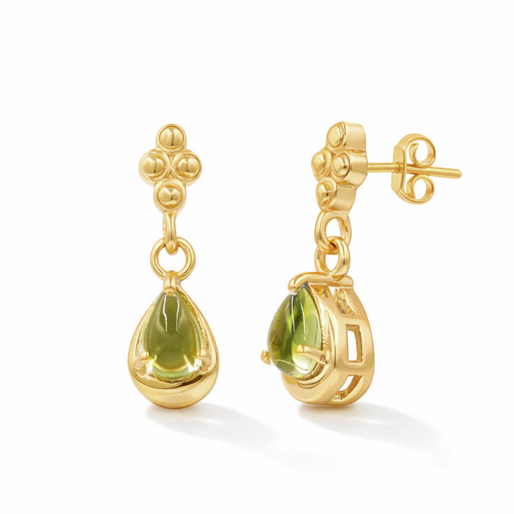 Peridot Cabochon Quatrefoil Drop Earrings in 925 Silver