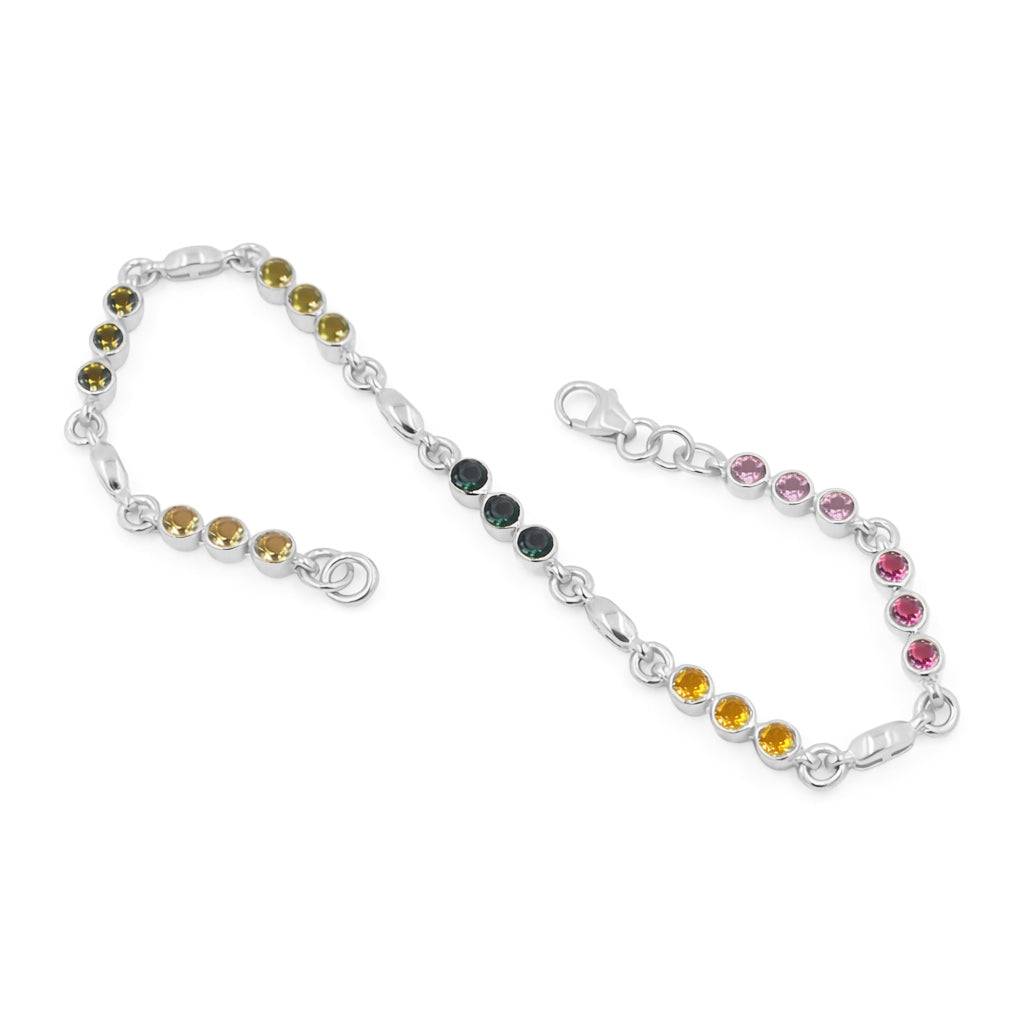Multi Tourmaline Three Stone Round Charm Set Link Bracelet in 925 Silver