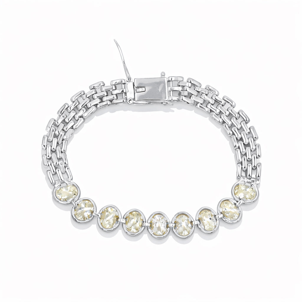 Yellow Aquamarine Oval Stone Mesh Chain Bracelet in 925 Silver