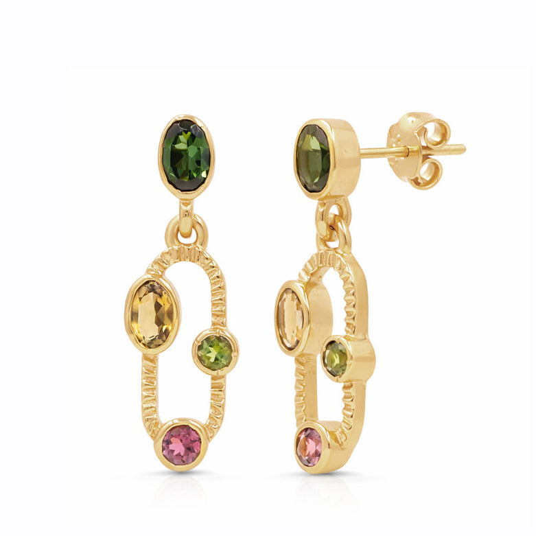 Multi Tourmaline Oval & Round Drop Earrings in 925 Sterling Silver