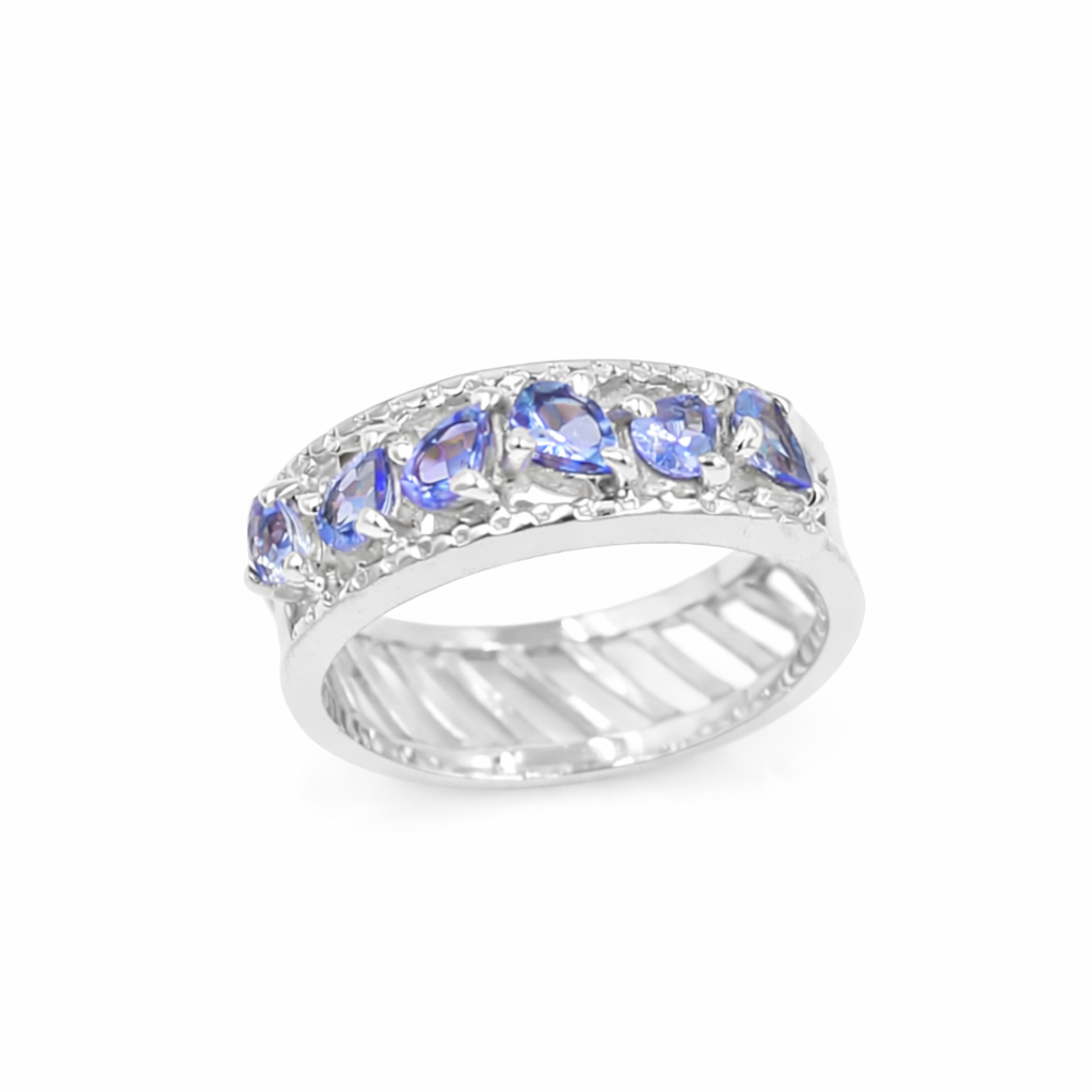Tanzanite Five Pear Stone Ring in 925 Sterling Silver Straight Style Designer Band
