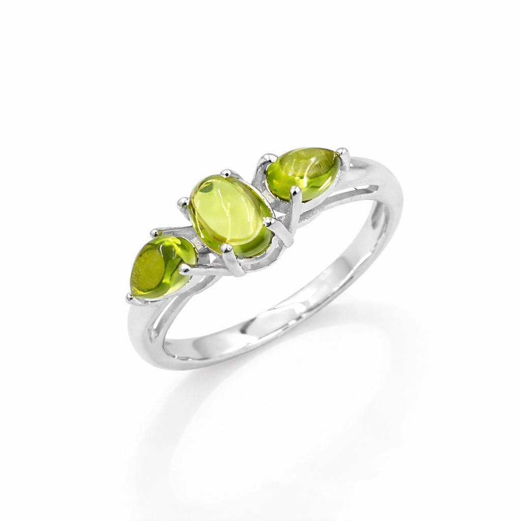 Peridot Cabochon Three Stone Ring in 925 Silver