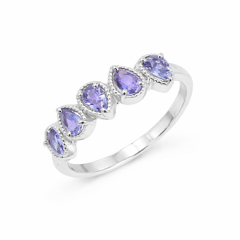 Five Pear Tanzanite Cluster Ring in 925 Silver