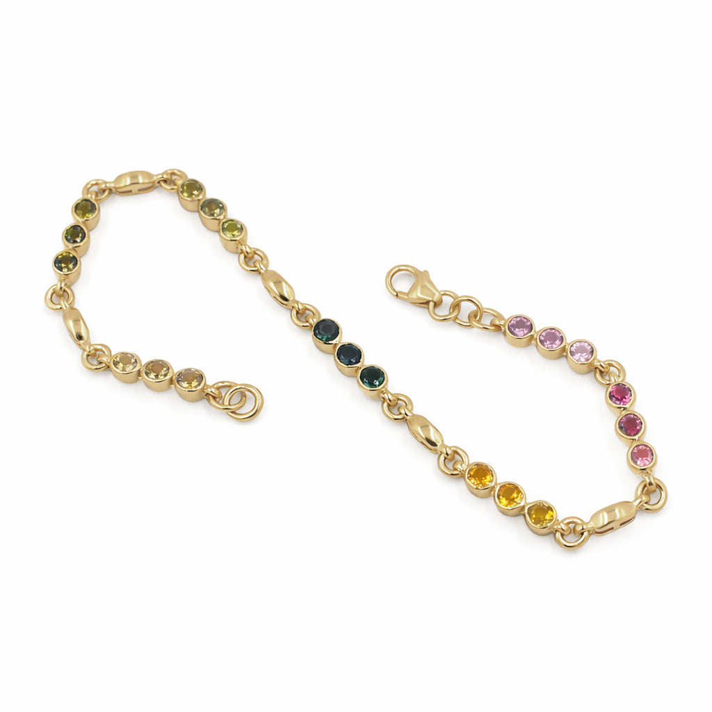 Multi Tourmaline Three Stone Round Charm Set Link Bracelet in 925 Silver