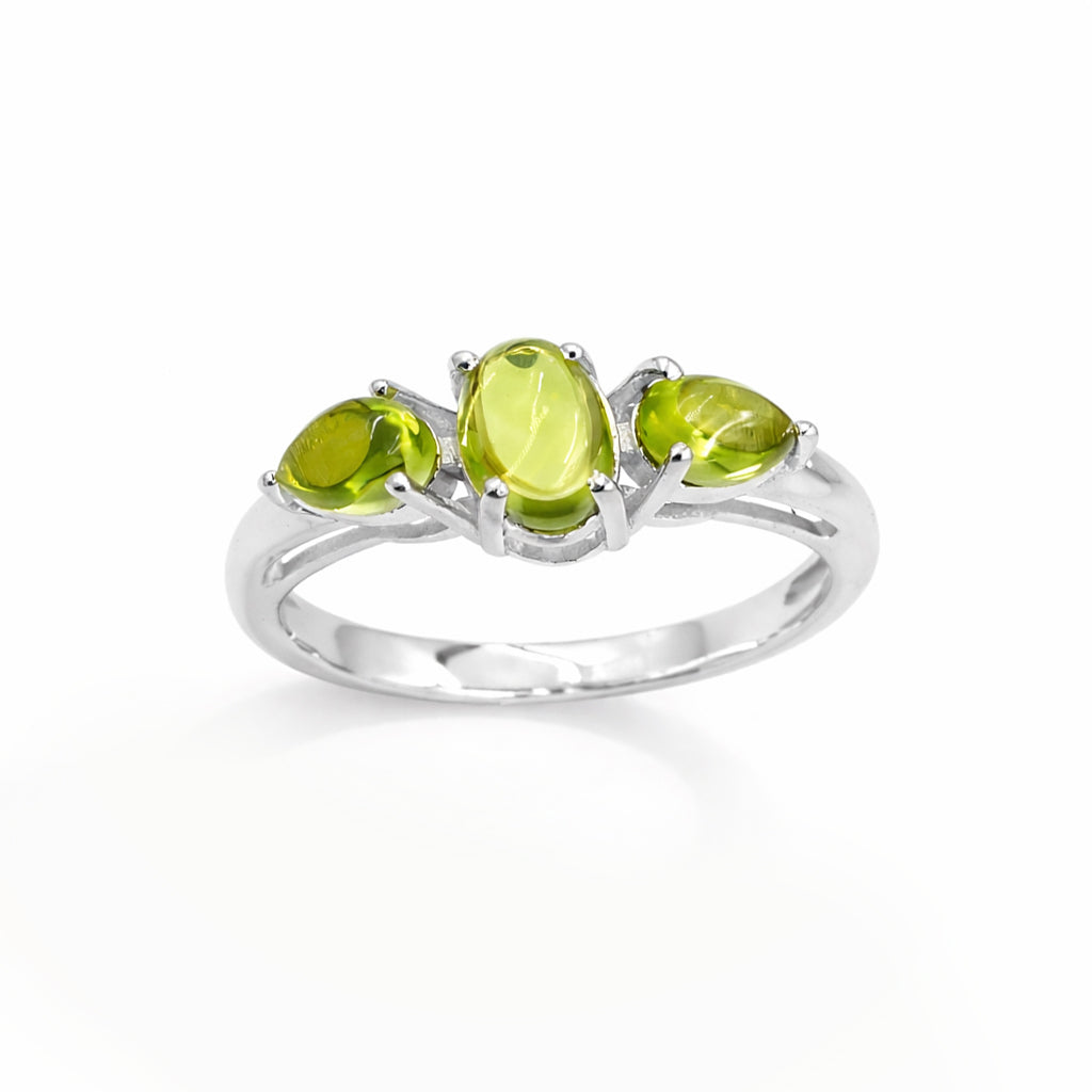 Peridot Cabochon Three Stone Ring in 925 Silver