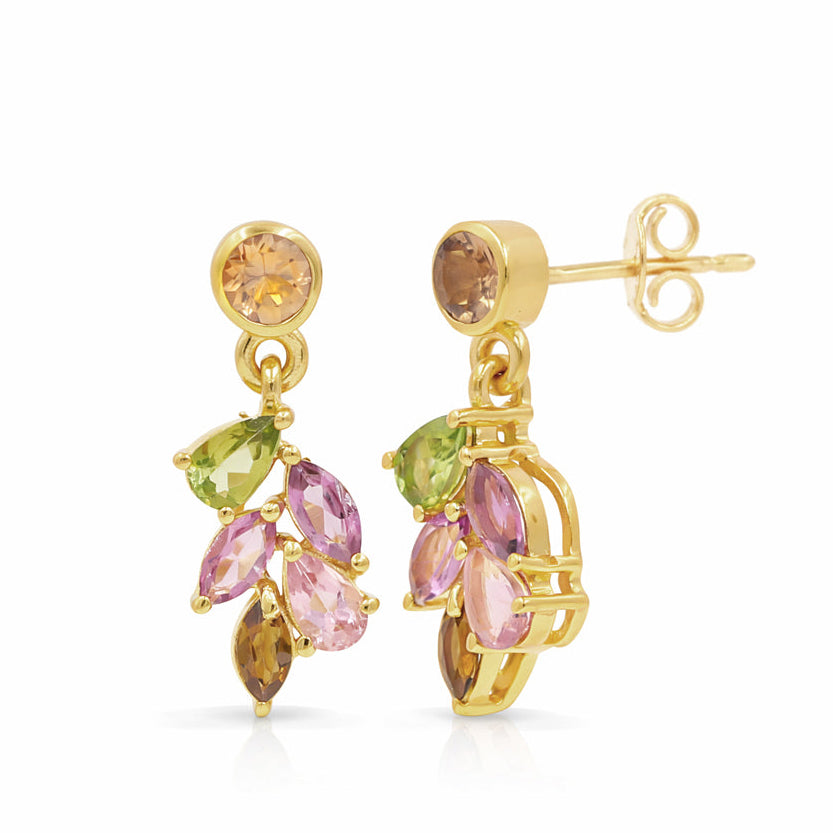 Multi Tourmaline Leaf Design Earrings in 925 Silver