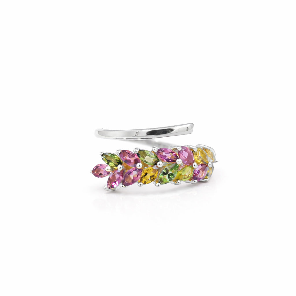 Multi Tourmaline Marquise Leaf Design Ring in 925 Silver