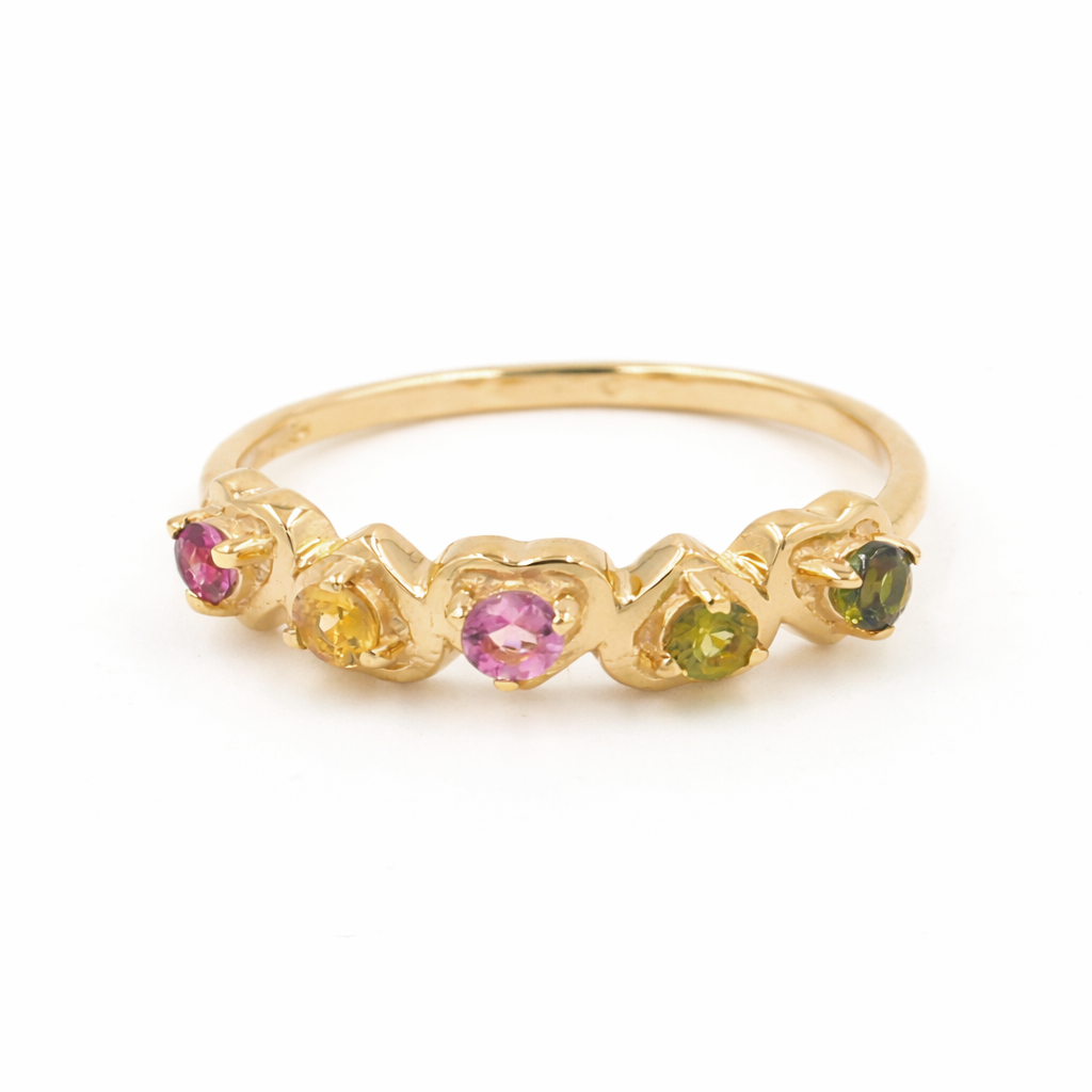 Multi Tourmaline Five Stone Heart Band Ring in 925 Sterling Silver