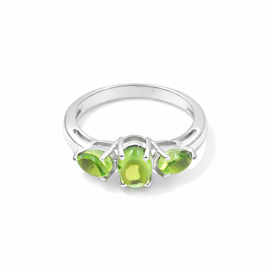 Peridot Cabochon Three Stone Ring in 925 Silver