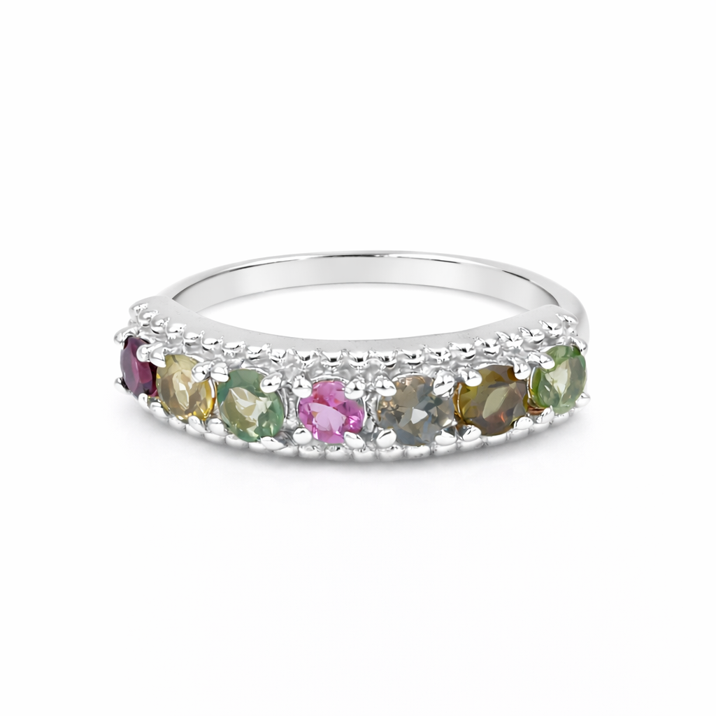Multi Tourmaline Seven Stone Half-Eternity Ring in 925 Silver