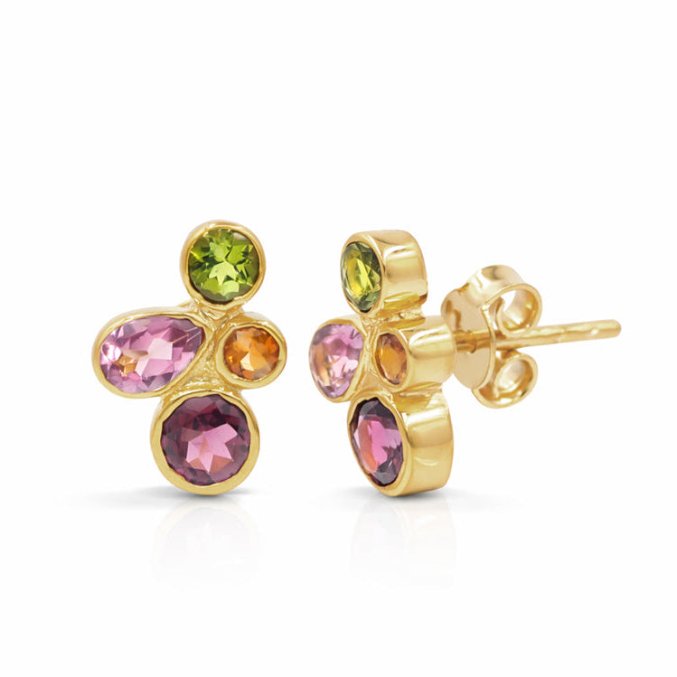 Fancy Modern Multi Tourmaline Stud Earrings in 925 Silver