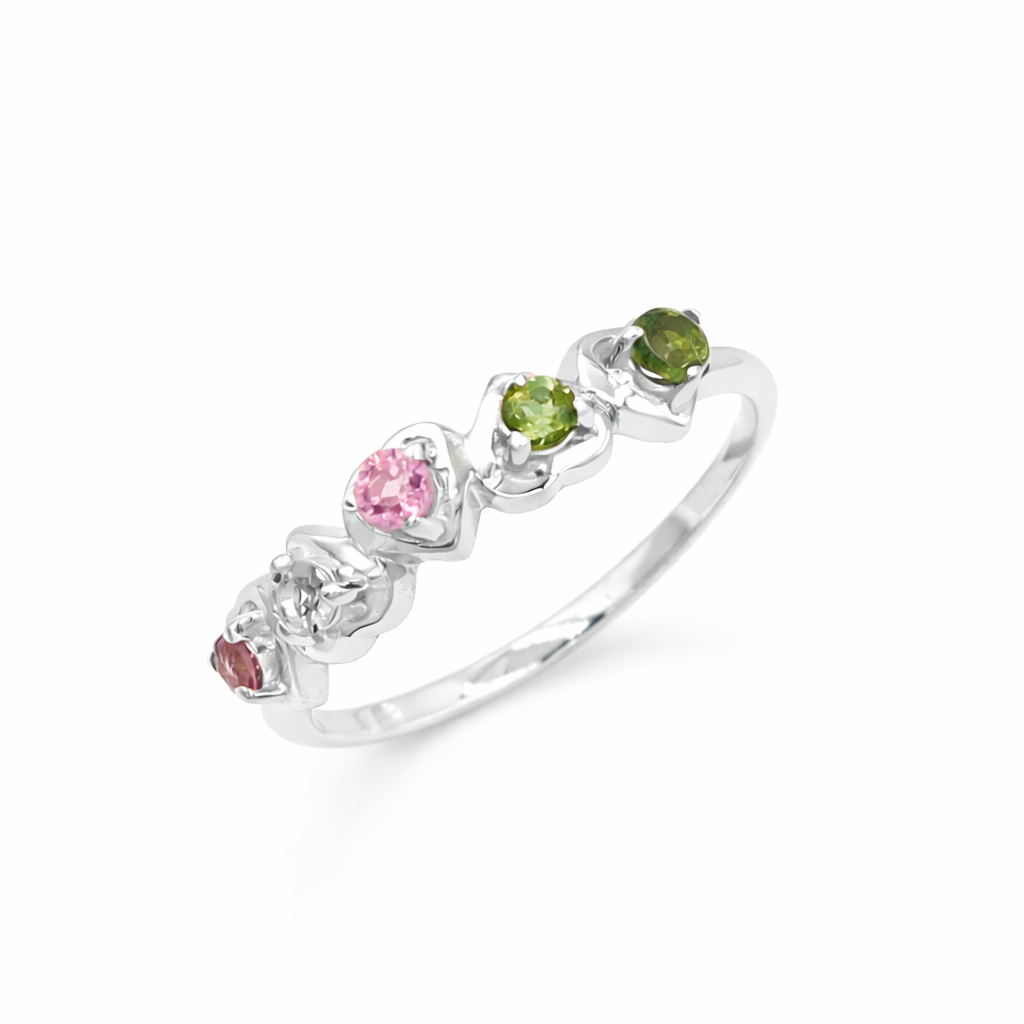 Multi Tourmaline Five Stone Heart Band Ring in 925 Sterling Silver