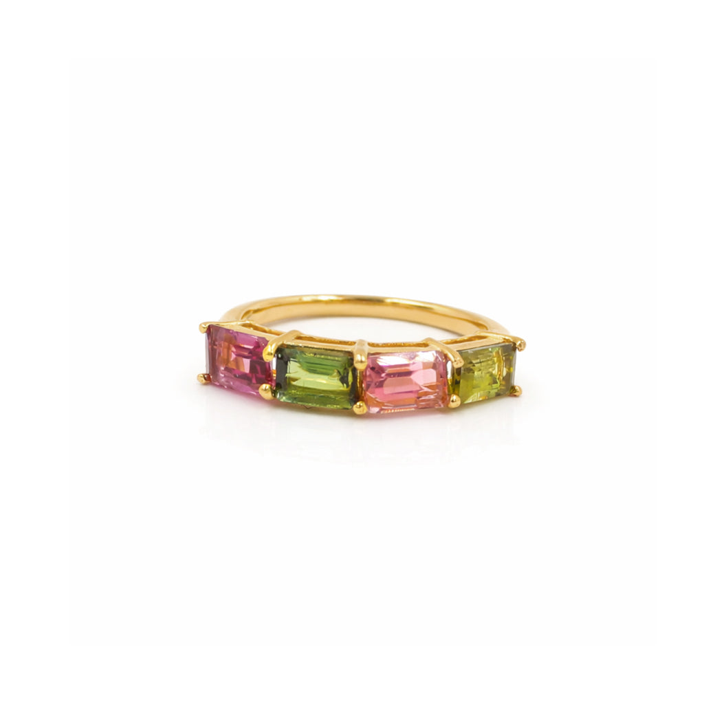 Royal Multi Tourmaline Octagon Bar Ring in 925 Sterling Silver