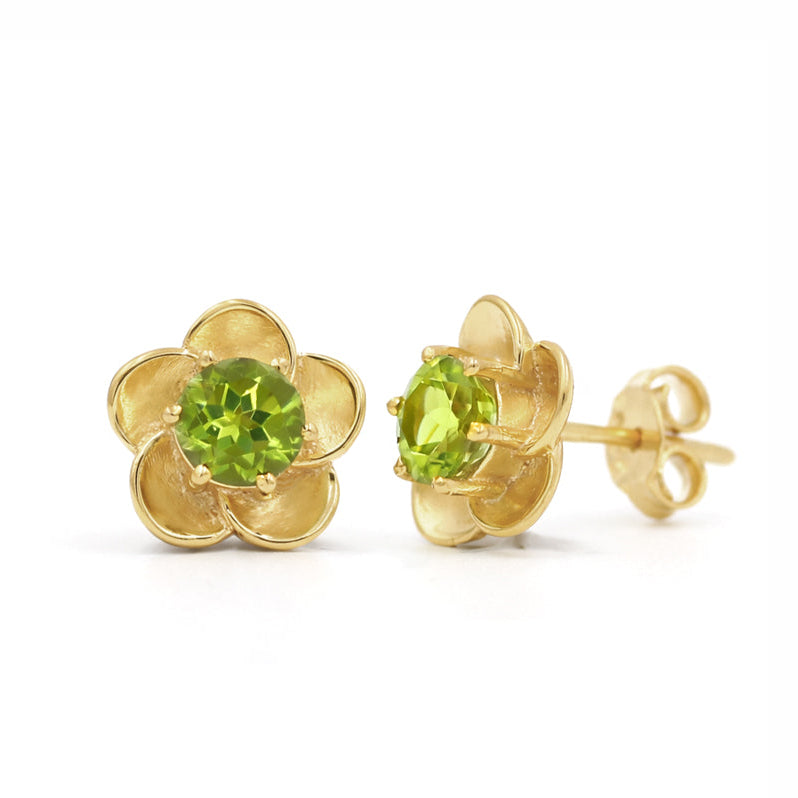 Peridot Flower Stud Earrings Floral Petal Design in 925 Silver
