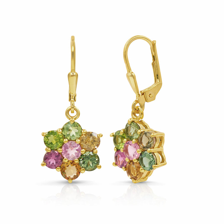 Multi Tourmaline Crocus Flower Drop Earrings with Lever back Lock in 925 Silver