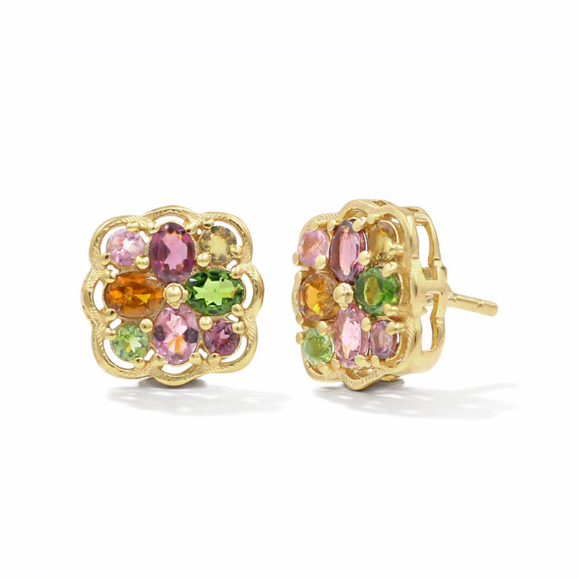 Multi Tourmaline Floral Stud Earrings 925 Silver