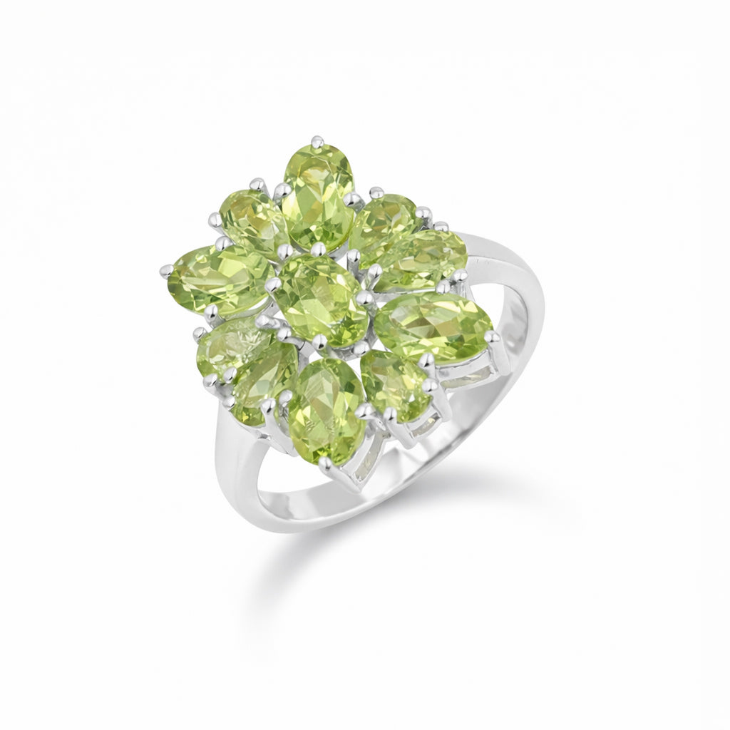 925 Silver Peridot Flower Ring with Oval & Pear Shape Green Gemstones