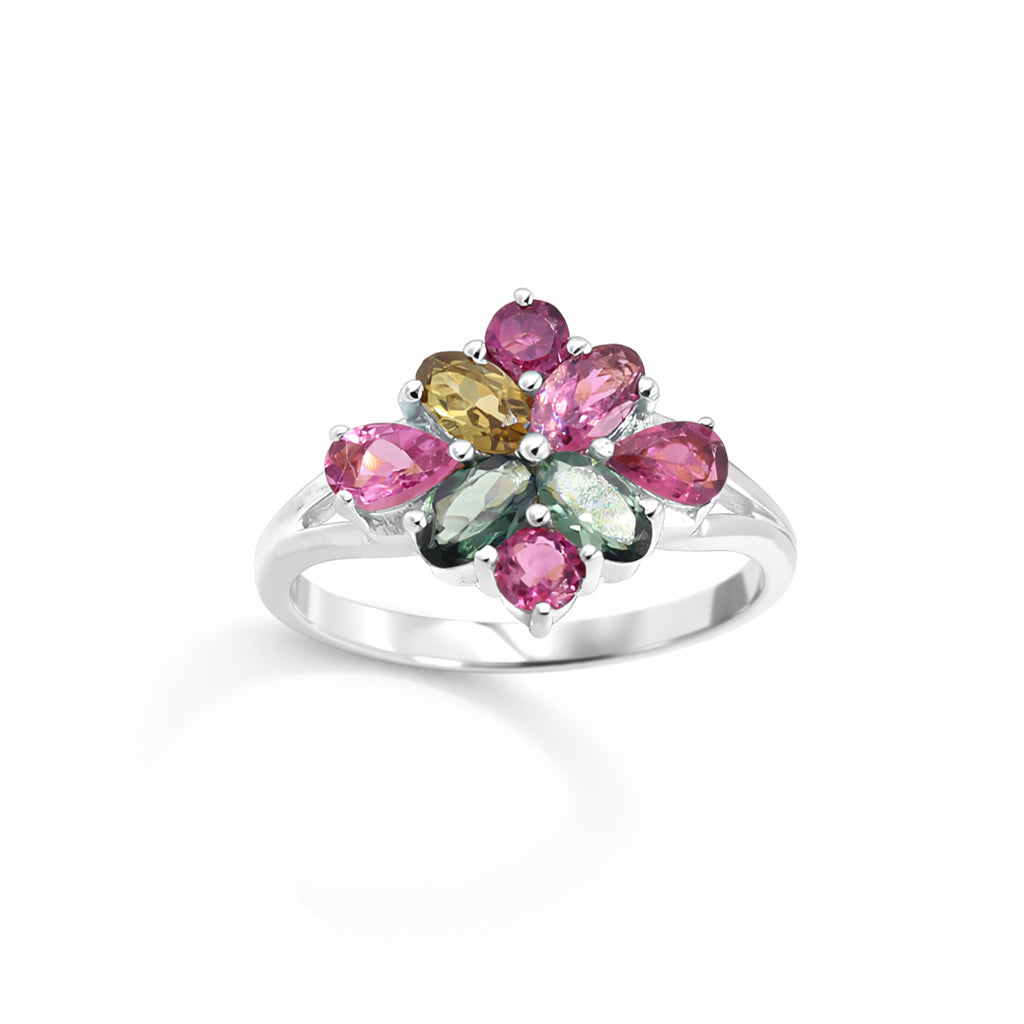 Luxury Multi Tourmaline Summer Flower Ring in 925 Sterling Silver