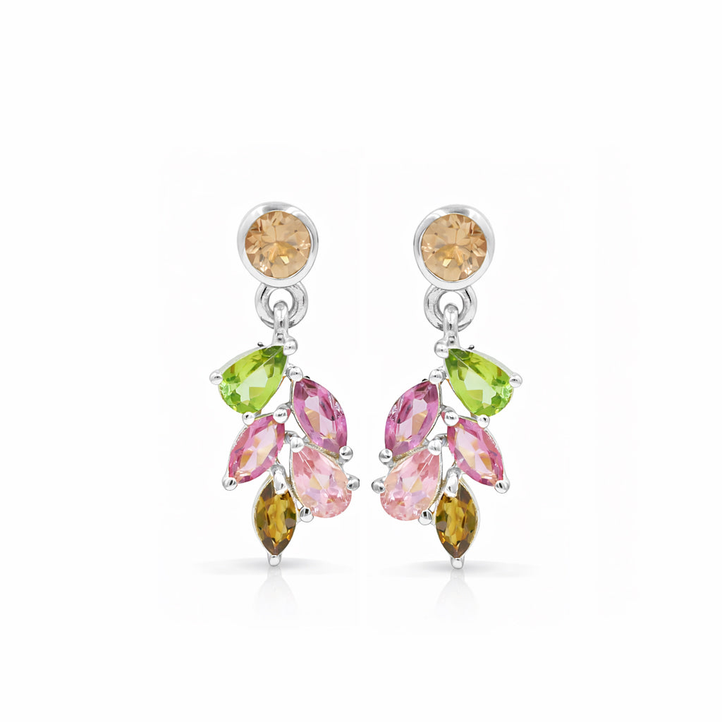 Multi Tourmaline Leaf Design Earrings in 925 Silver