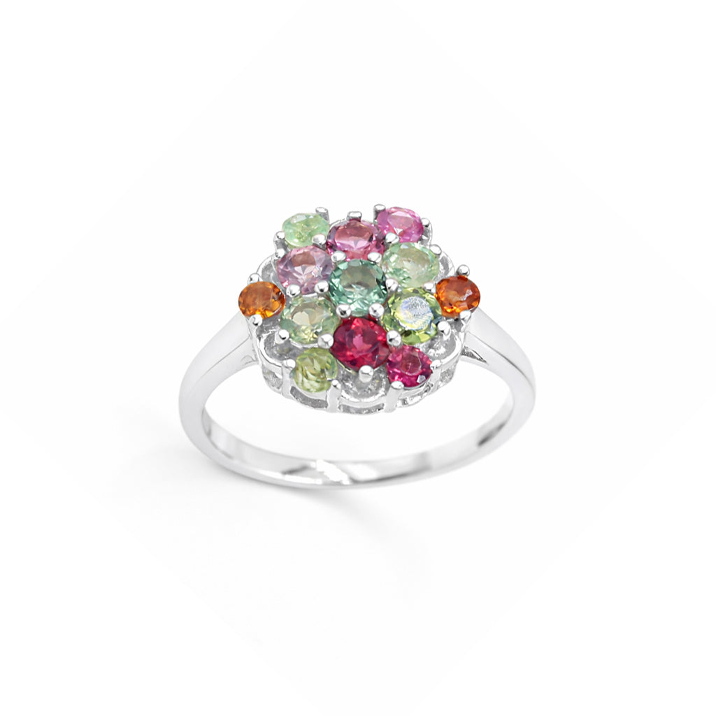 Royal Multi Tourmaline Round Cluster Ring in 925 Sterling Silver