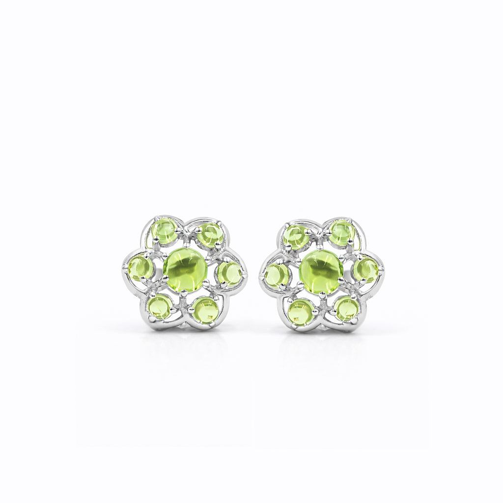 Peridot Cabochon Flower Stud Earrings in 925 Silver