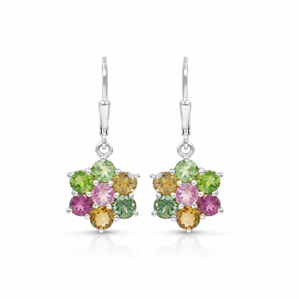 Multi Tourmaline Crocus Flower Drop Earrings with Lever back Lock in 925 Silver