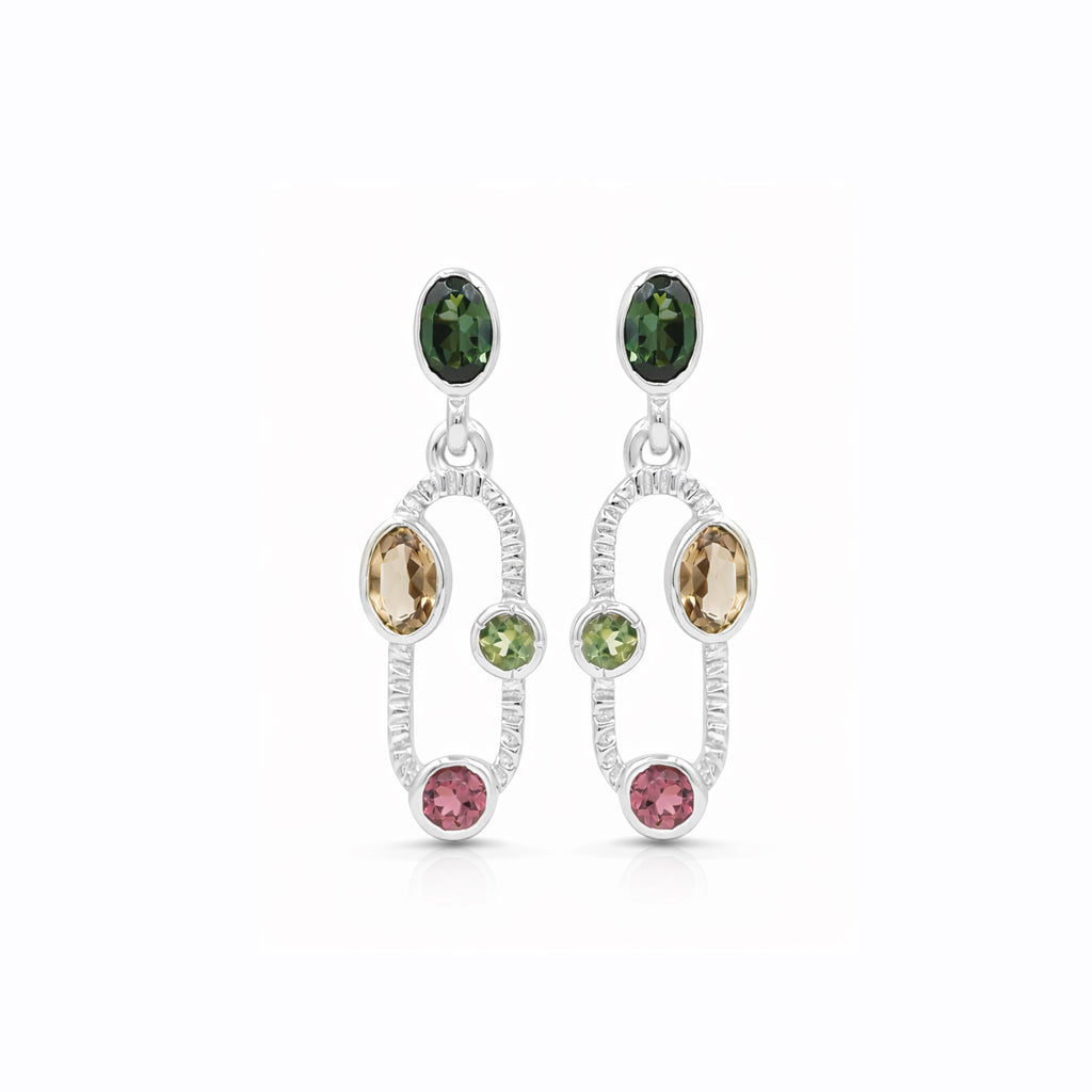 Multi Tourmaline Oval & Round Drop Earrings in 925 Sterling Silver