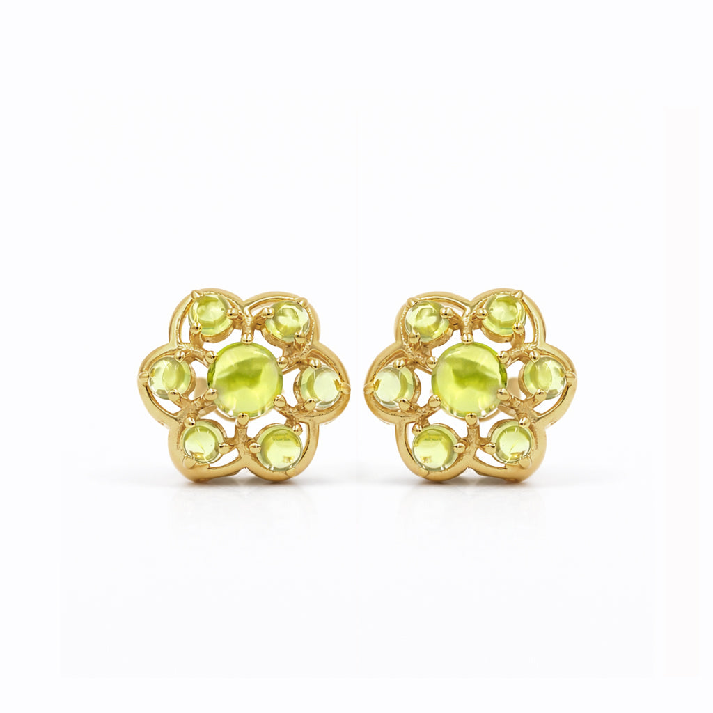 Peridot Cabochon Flower Stud Earrings in 925 Silver