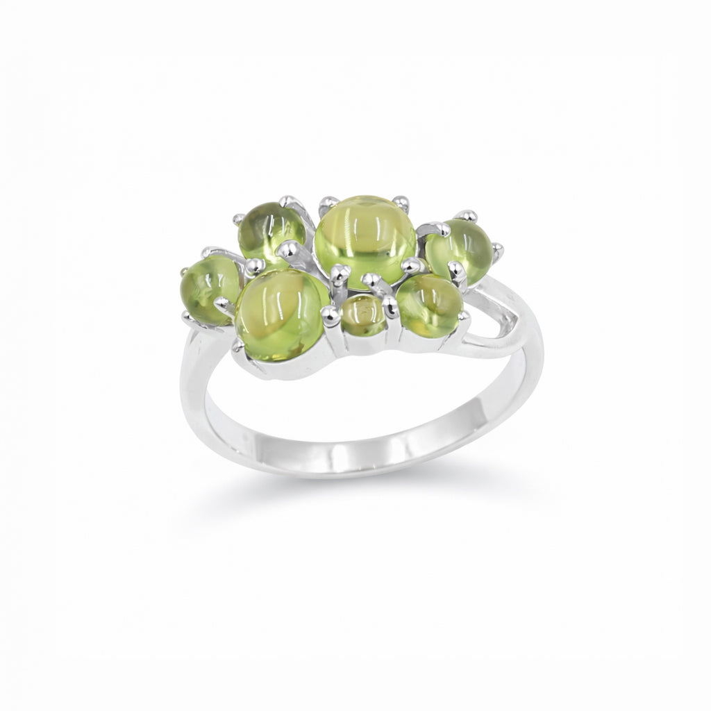 Seven Stone Peridot Cabochon Ring in 925 Silver