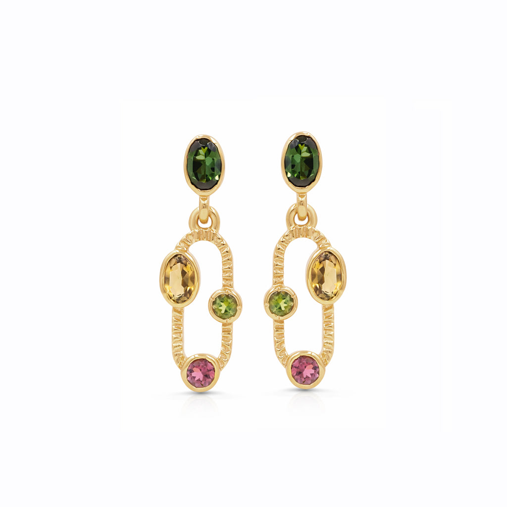 Multi Tourmaline Oval & Round Drop Earrings in 925 Sterling Silver