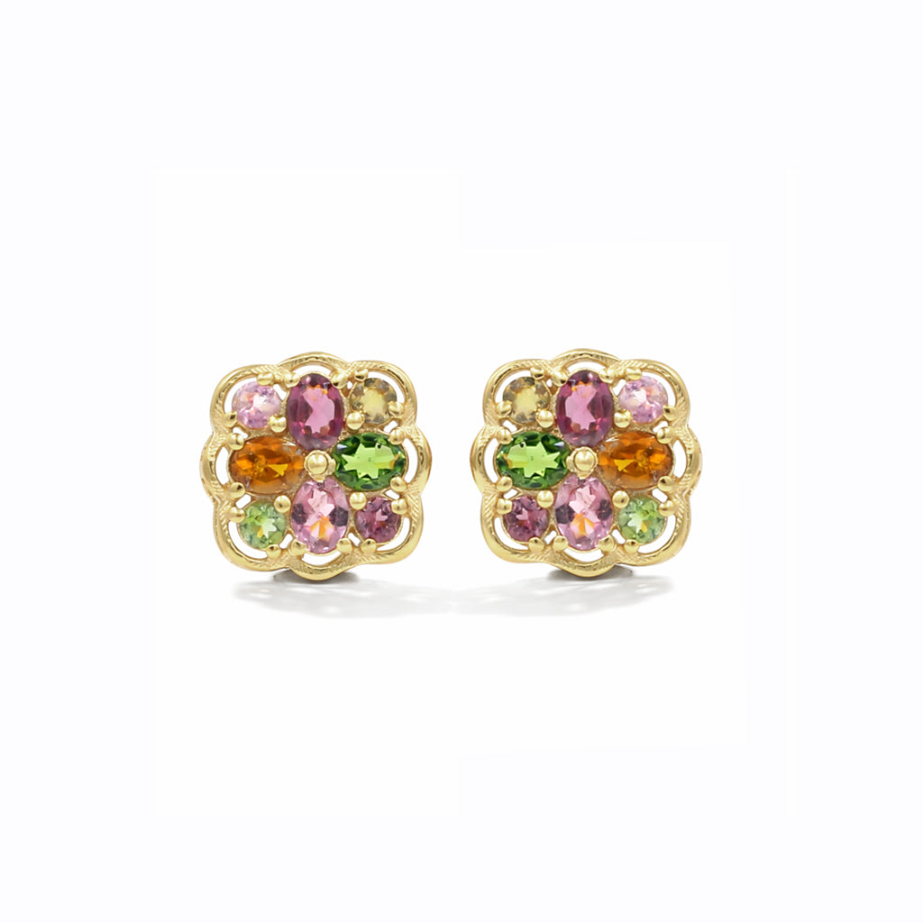 Multi Tourmaline Floral Stud Earrings 925 Silver