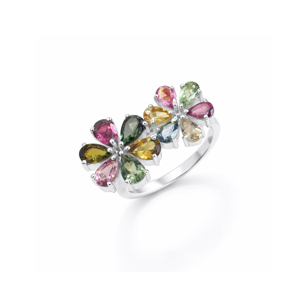 Multi Tourmaline Double Flower Ring American Pasqueflower Inspired in 925 Silver