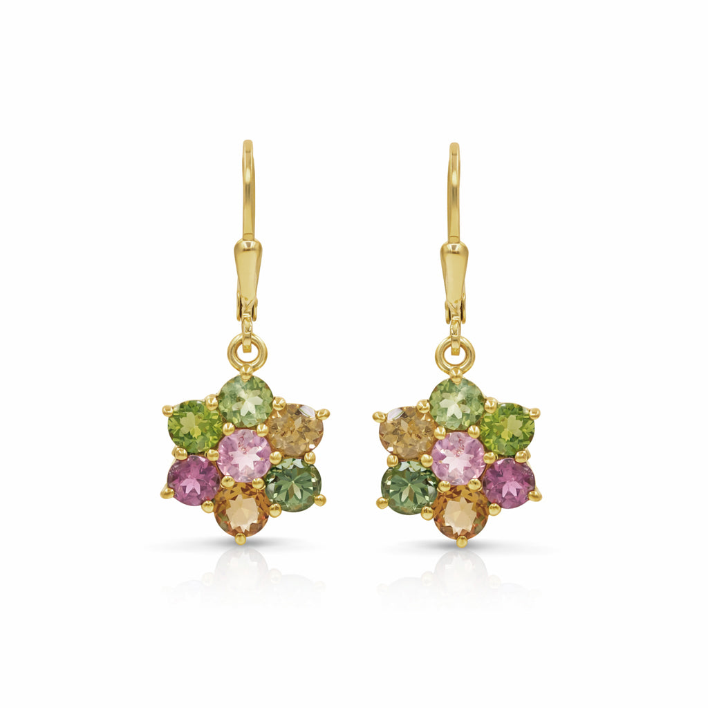Multi Tourmaline Crocus Flower Drop Earrings with Lever back Lock in 925 Silver
