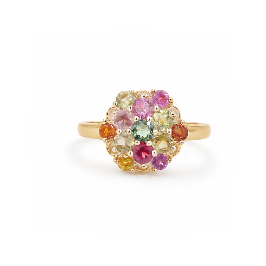 Royal Multi Tourmaline Round Cluster Ring in 925 Sterling Silver