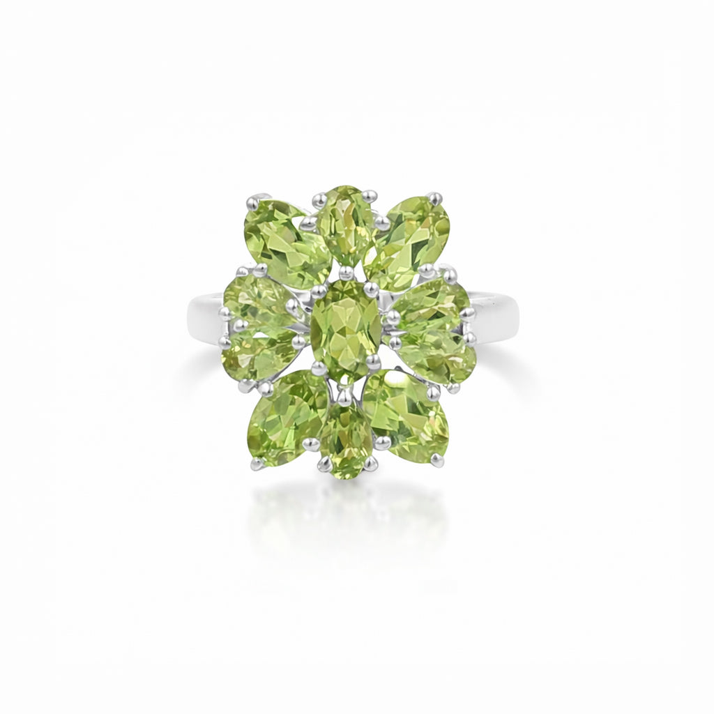 925 Silver Peridot Flower Ring with Oval & Pear Shape Green Gemstones
