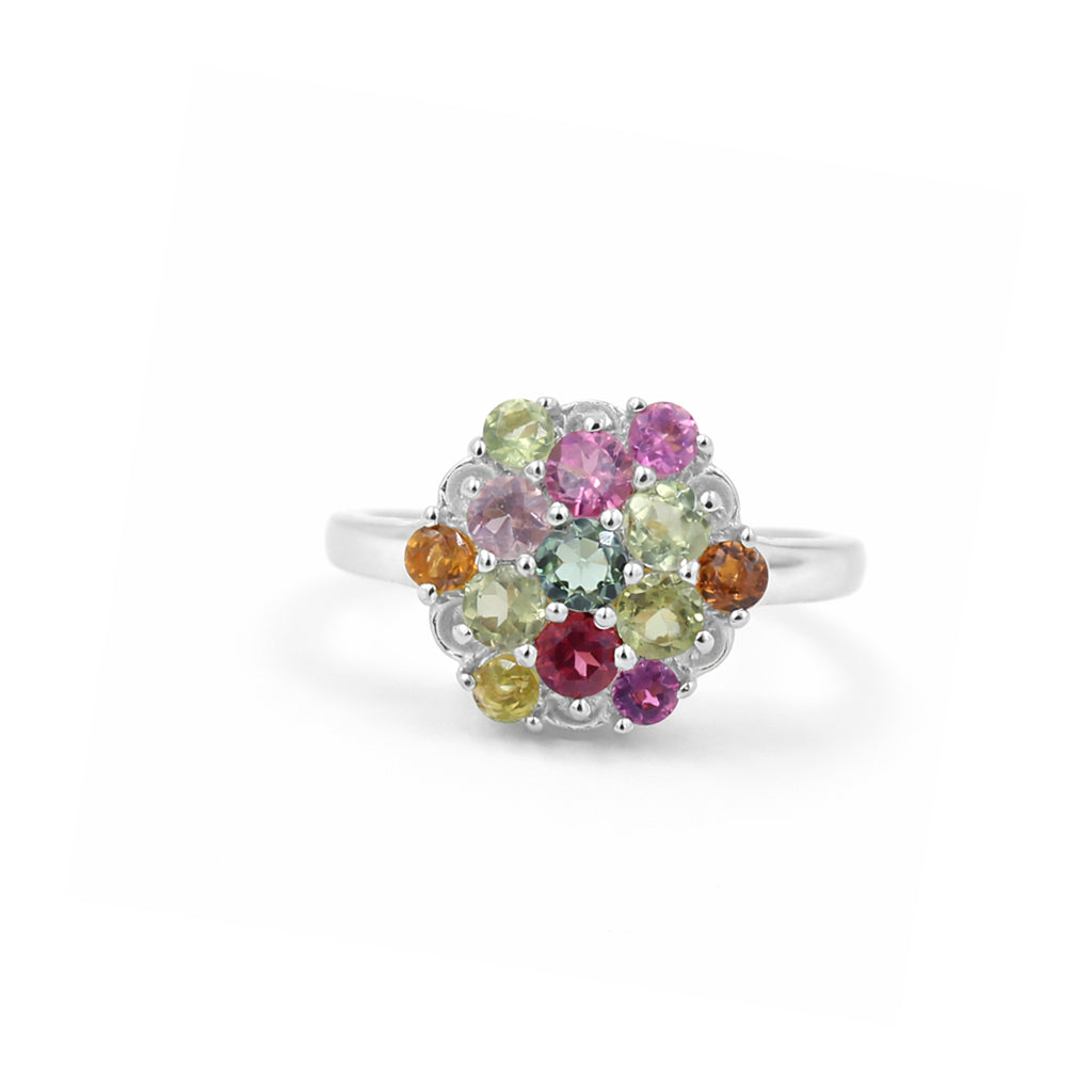 Royal Multi Tourmaline Round Cluster Ring in 925 Sterling Silver
