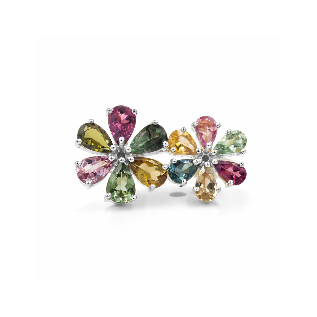 Multi Tourmaline Double Flower Ring American Pasqueflower Inspired in 925 Silver