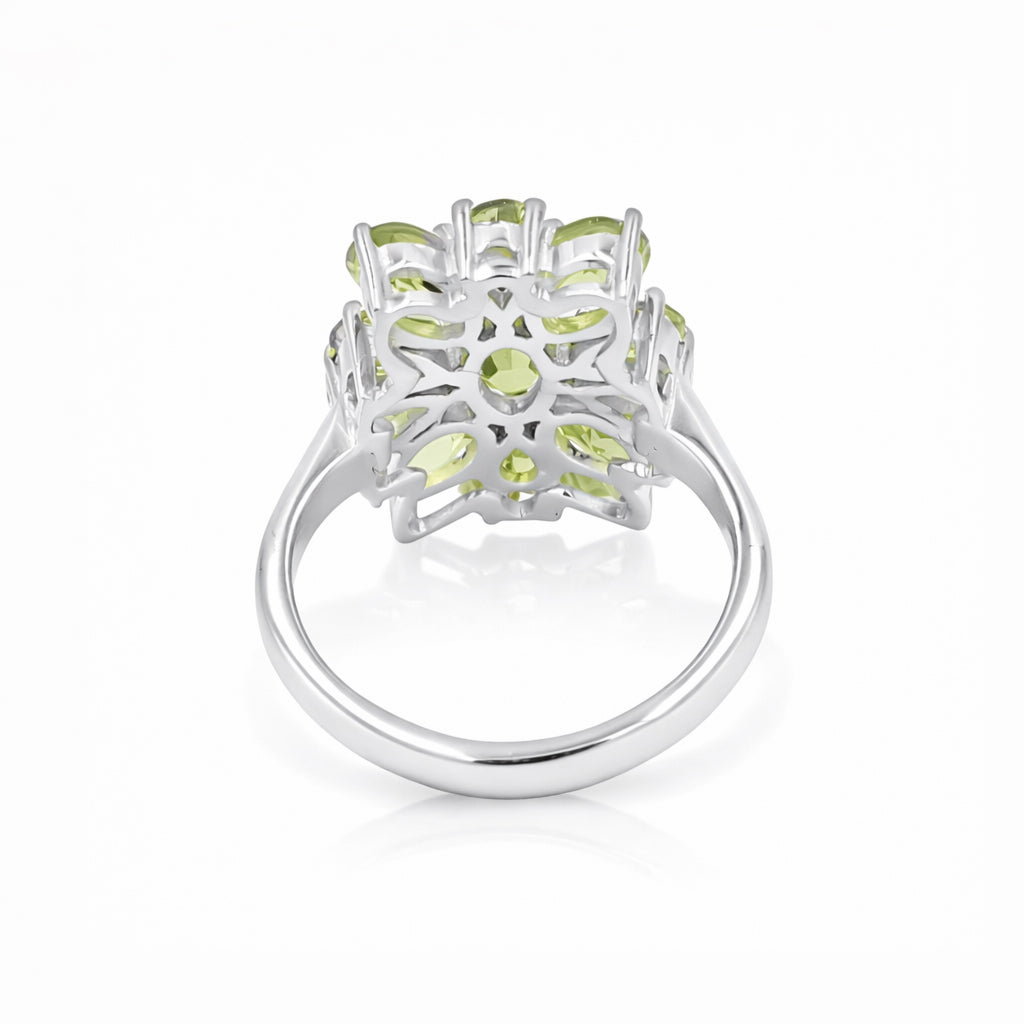 925 Silver Peridot Flower Ring with Oval & Pear Shape Green Gemstones